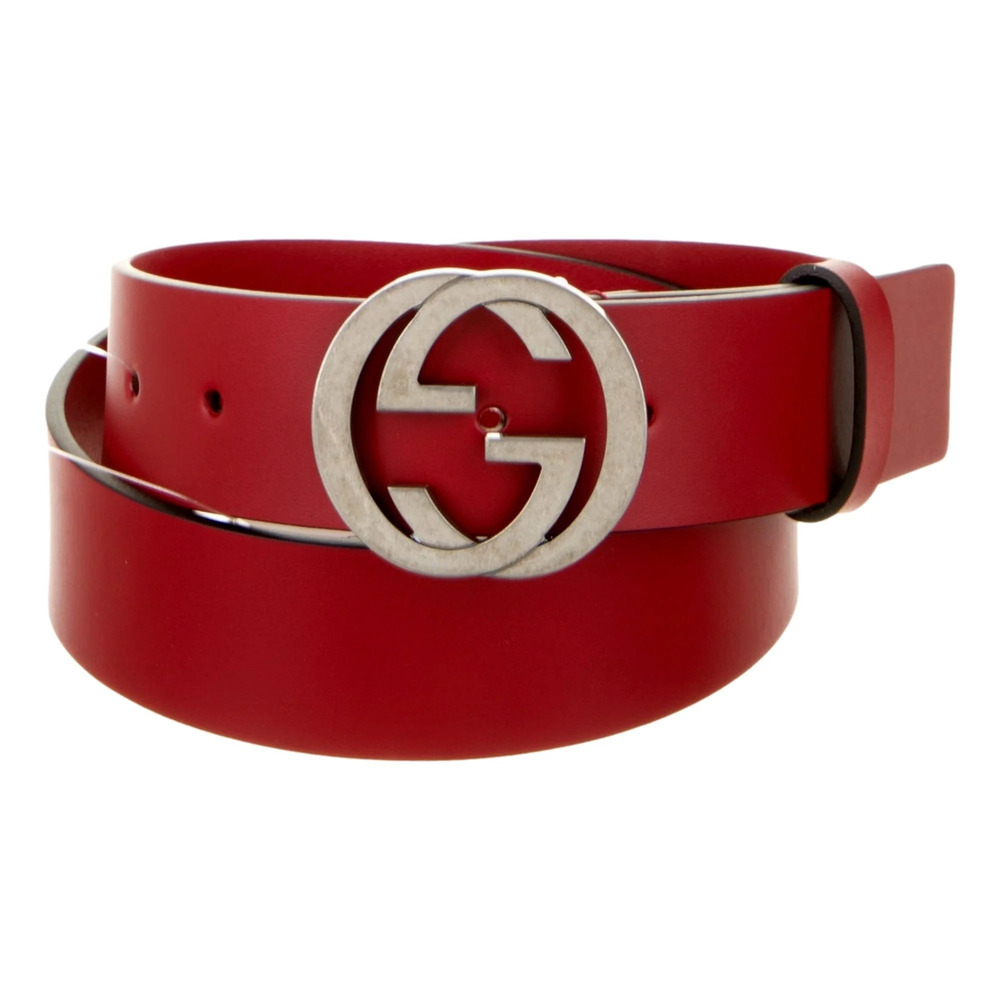 Gucci Interlocking Leather GG Buckle Antiqued Silver Tone Belt Rosso Red